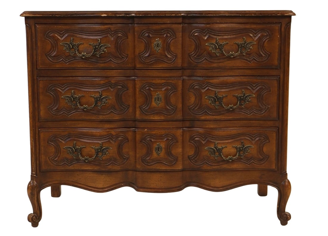 Vintage Louis XV Style 3 Drawer Commode: From a Great Neck LI Estate. - Dimensions: 35" h x 52.5" w x 25" h.