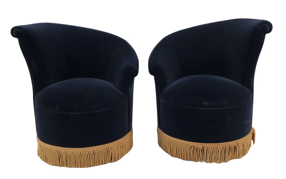 A Pair Of Art Deco Upholstered Club Chairs.: Great pair with wonderful upholstery. From a Westchester NY estate. - Dimensions: 33" x 33" x 23"