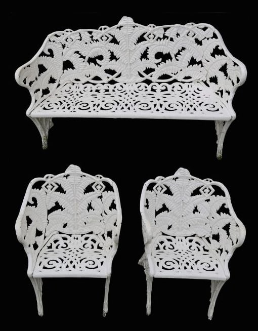 3 Pc. Antique Cast Iron Fern Pattern Suite.: Antique but has been restored to in the past. To include a pair of chairs (38" x 24" x 21") and a settee (33" x 55" x 24"). From a New Rochelle, NY estate.