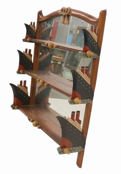 Vintage Mirror Back Etagere With Carved Ship Sides (1 of 6)
