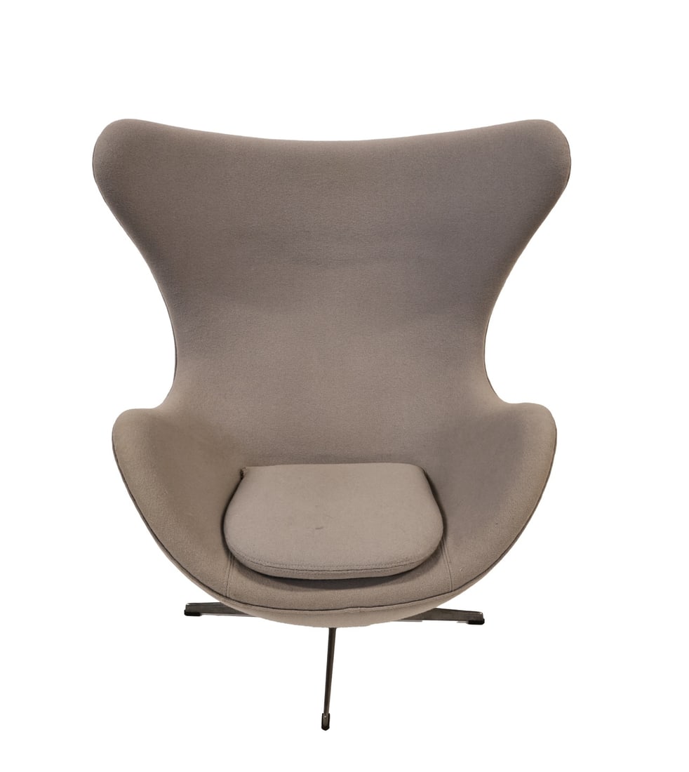 Arne Jacobsen (Danish 1902-1971) for Fritz Hansen: Egg Chair. Grey upholstered egg chair. From a Kent, CT estate. - Dimensions: 42" h x 32" w x 24" d.