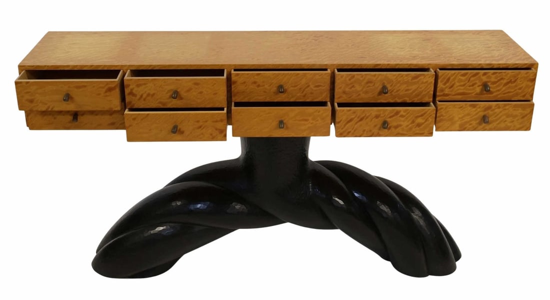 WENDELL KEITH CASTLE (USA ,1932-2018).: 'Twisted Buffet'. 1990. Ebonized mahogany, avodire veneer, white oak, and patinated brass. Signed and dated. (Studio inventory number is 2603). Literature: Emille Evans Eerdmans, "WENDELL CASTLE,