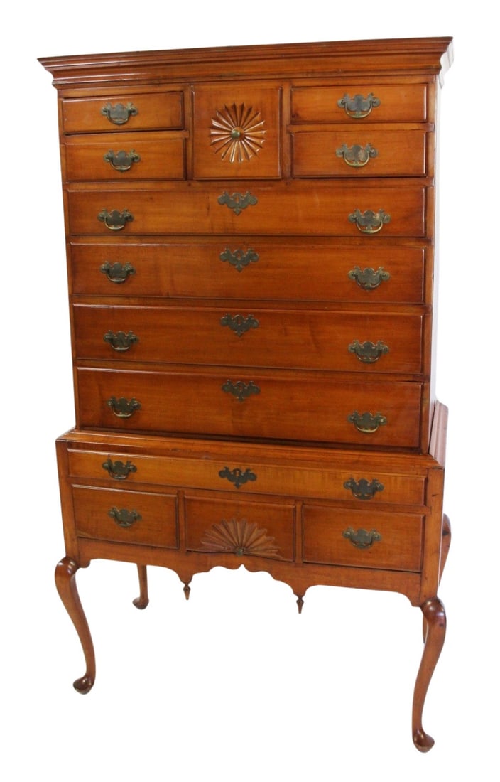 18th C American Queen Anne Chest on Stand.: From a Larchmont, NY estate. - Dimensions: 68.75" h x 41" w x 22" d.