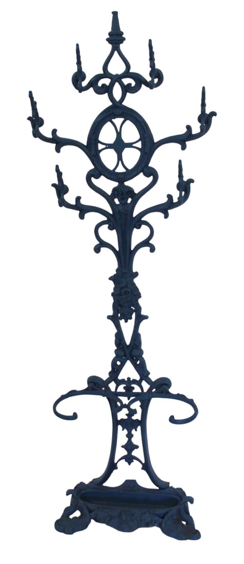 Victorian Green Painted Cast Iron Coat Rack.: From a Larchmont, NY estate. - Dimensions: 74" h x 24" w x 11" d.