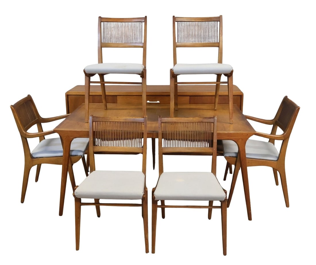 Midcentury Widdicomb Table, 6 Chairs & A Server.: From a Montrose NY estate .Dimensions: Widdicomb: 34'' h x 72'' w x 18 d. Table: 29.6'' h x 62'' w x 40'' d. Chairs: 35'' h x 20'' w x 20'' d. Server: 33.5" h x 71.5" w x 18" d.