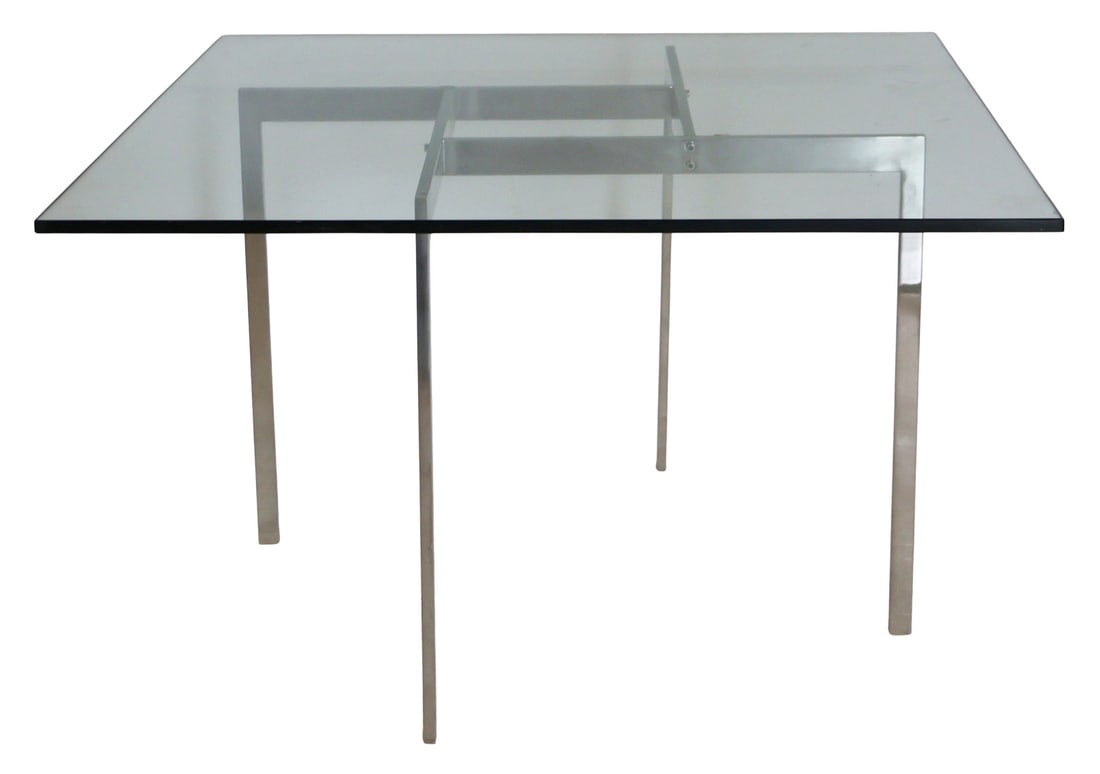 After Poul Kjaerholm Chrome & Glass Table.: From a Larchmont, NY estate. Dimensions: table only measures approx. 21.5" h x 34.5" w.
