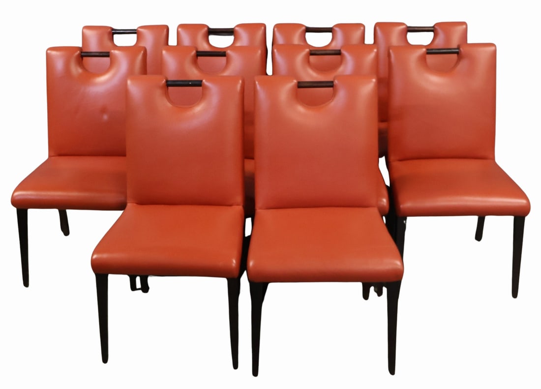 Vintage Set of 10 Parzinger Style Leather: Upholstered Chairs. From a Rye, NY estate. - Dimensions: 36" h x 19" w x 19" d.
