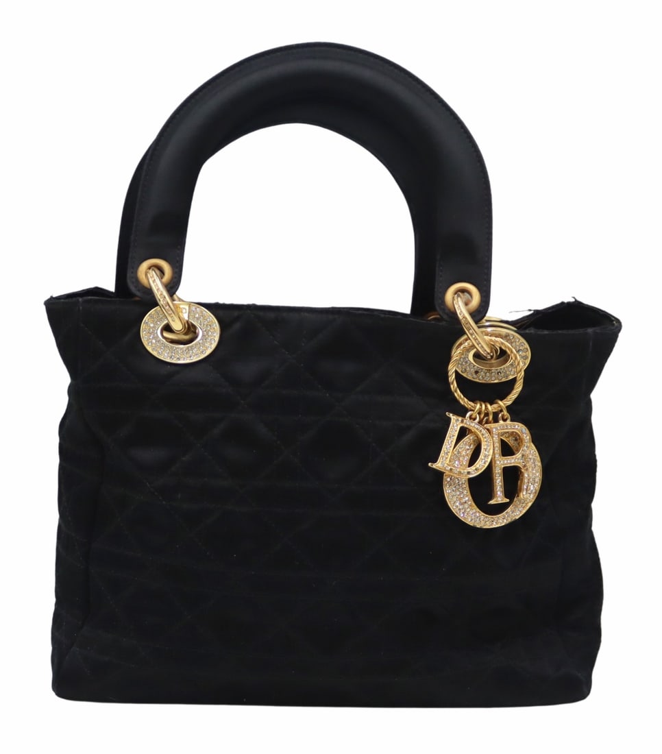 COUTURE. Christian Dior "Lady Dior" Handbag.: Christian Dior "Lady Dior" silk handbag with gold-tone rhinestone inlaid hardware and "DIOR" charms. From a Larchmont, NY estate. Dimensions: purse measures approx. 9.25" w x 