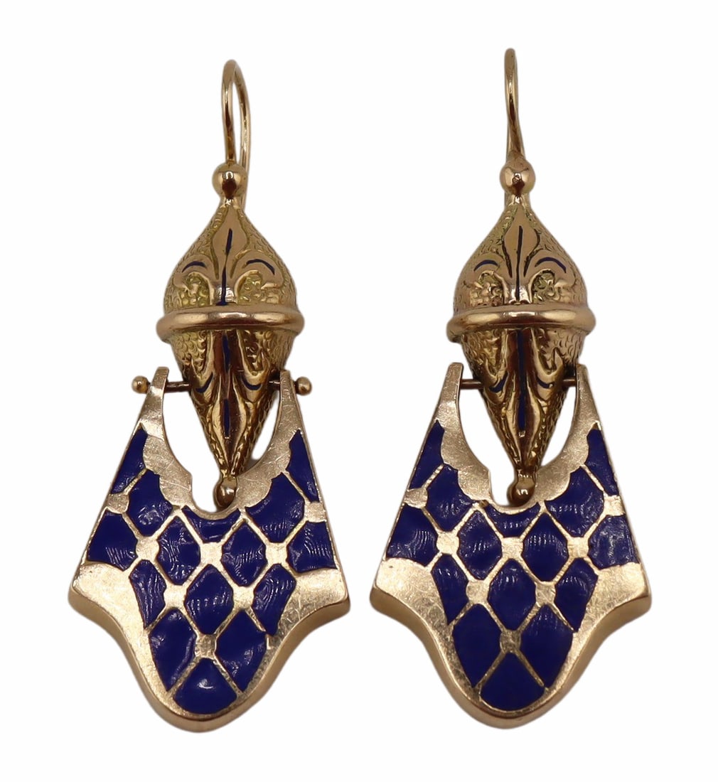 JEWELRY. Pr of 14kt Gold and Blue Enamel Earrings.: Pair of Victorian style 14kt yellow gold earrings with blue enamel accents. Stamped, "14K" verso. Total approx. weight of the earrings is 6.3 dwt (gross). From a Stamford, CT estate.