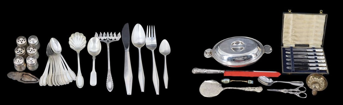 STERLING. Assorted Sterling, Silver, and: Silverplated Items. Including a set of (12) .800 silver demitasse spoons and (1) shell sugar spoon - all stamped, "800"; set (of 6) sterling salt/pepper shakers/ stamped, "Sterling"