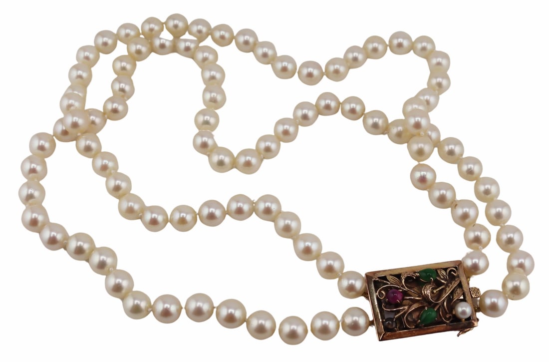 JEWELRY. Gold, Pearl and Gem Giardinetto Necklace.: Vintage double strand necklace comprised of individually knotted pearls measuring approx. 7.5mm each with a 12kt yellow gold rectangular Giardinetto motif clasp accented by a pearls and gem cabochons.