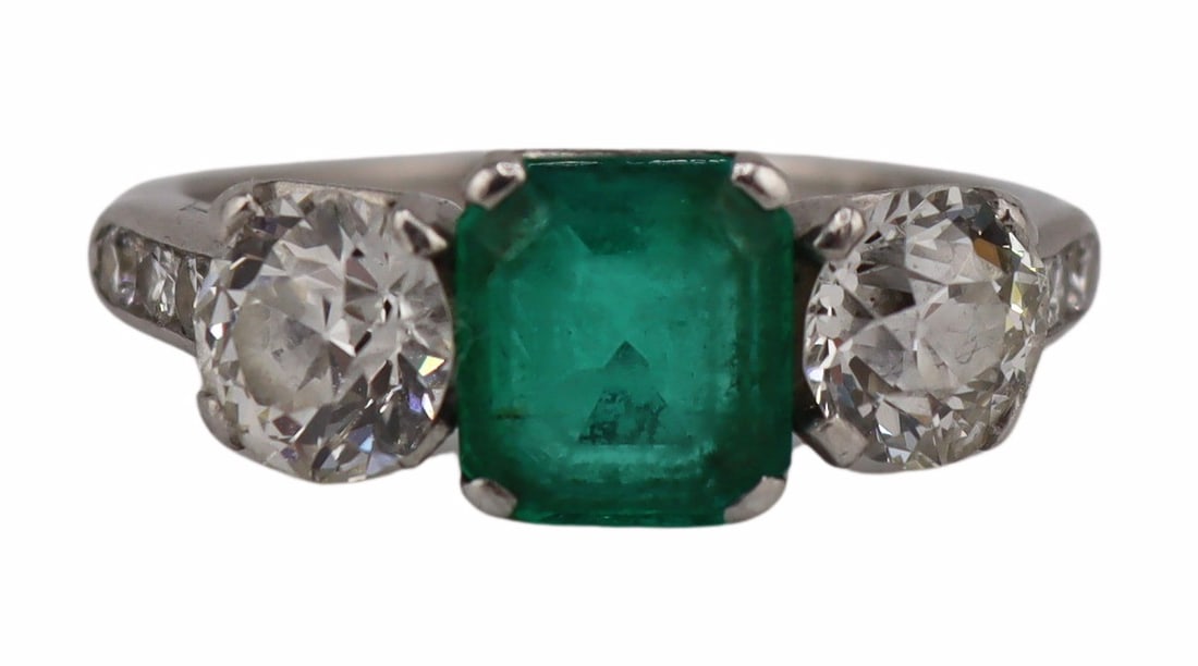JEWELRY. Platinum, Emerald and Diamond Ring. (1 of 9)