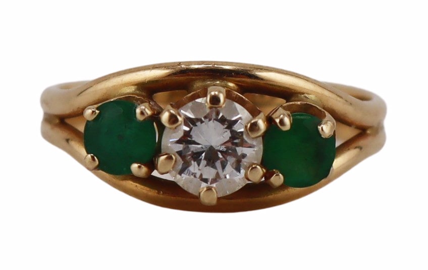 JEWELRY. 14kt Gold, Emerald, and Diamond Ring. (1 of 8)