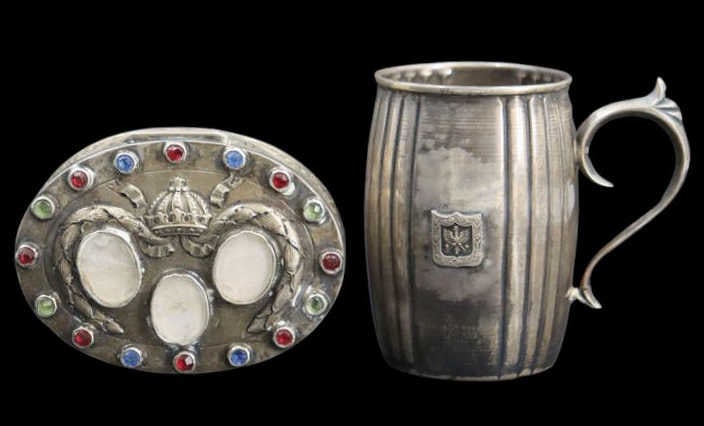SILVER. Continental Silver and Gem Hollowware.: Including is a finely executed German .800 silver hinged lid box, adorned in repousse. The surface is embellished with an ornate composition featuring a crown surmounted above a laurel wreath, intersp