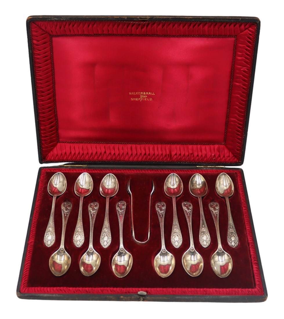 SILVER. Walker & Hall Cased Silver Demitasse Set.: Monogrammed Walker & Hall cased Sheffield silver demitasse service including (12) spoons and a pair of sugar tongs. Walker & Hall, Sheffield, 1902. Total approx. weight of all items is 11.80 t