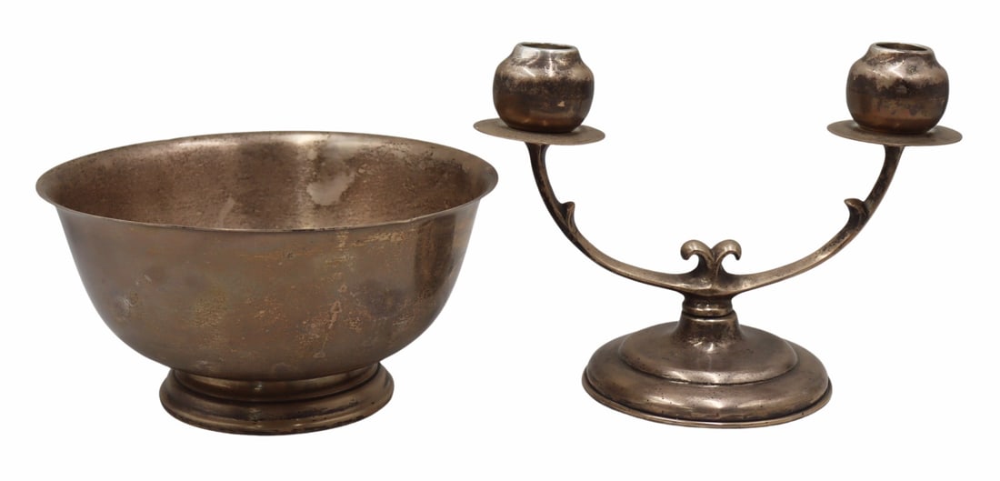 STERLING. Sterling Pedestal Bowl and Candelabra.: Includes an International Sterling Paul Revere Reproduction pedestal bowl, no. D261; and a signed Mexican sterling two-arm candelabra. Total approx. weight of the pedestal bowl is 23.17 troy oz (gross
