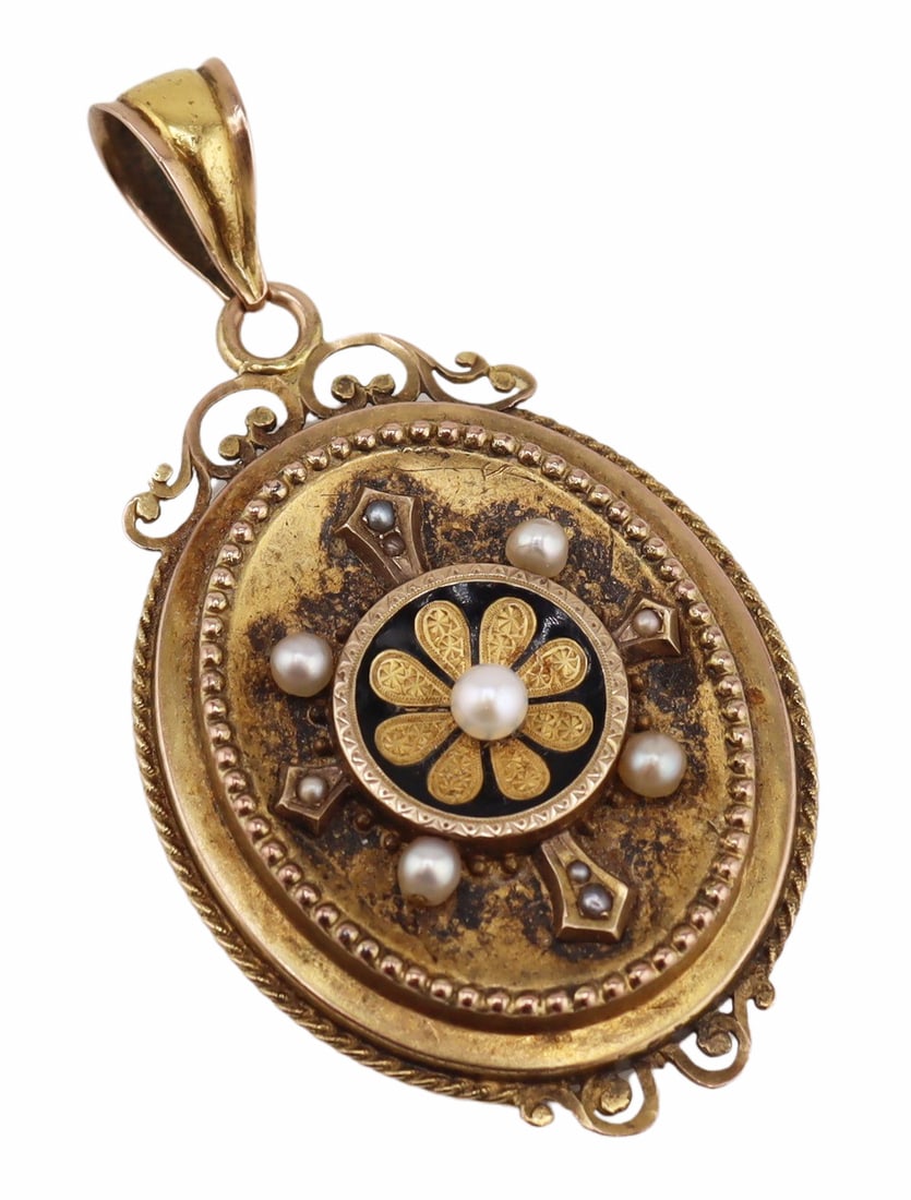 JEWELRY. Victorian Seed Pearl and Enamel Locket. (1 of 6)