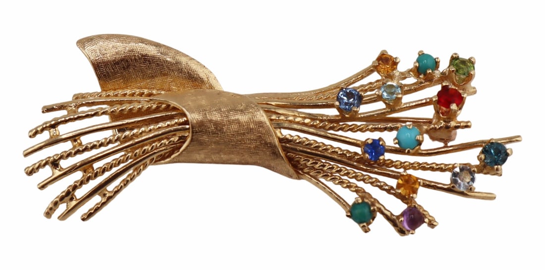 JEWLERY. 13.5kt Gold and Gem Bouquet Brooch.: Vintage 13.5kt yellow gold floral bouquet form brooch with central wrapped ribbon displaying a Florentine finish. Stamped, "14K" verso. Total approx. weight of the brooch is 7.0 dwt (gross).