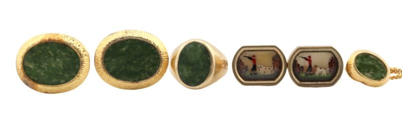JEWELRY Men's 14kt, Sterling, and Costume Jewelry: Including a 14kt yellow gold ring with central flush set green stone slice - stamped, "14K" size 9 1/4; pair of gilt sterling tie tack with central flush set green stone slice - "Ster&q