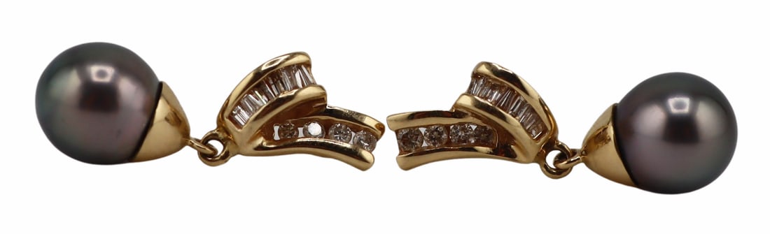 JEWELRY. 14kt Gold Pearl and Diamond Earrings.: 14kt yellow gold earrings comprised of one band of straight & tapered diamond baguettes, and one band of pave diamonds suspending a round blue pearl with tapered gold cap. Possibly Tahitian pearls