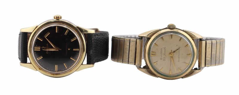 JEWELRY. Vintage Omega Constellation Automatic: Watch. A vintage Omega Constellation wristwatch, reference 14381, featuring a black dial accented by applied gold-tone hour markers and gold-tone dauphine hands. Powered by the Omega caliber 551 autom