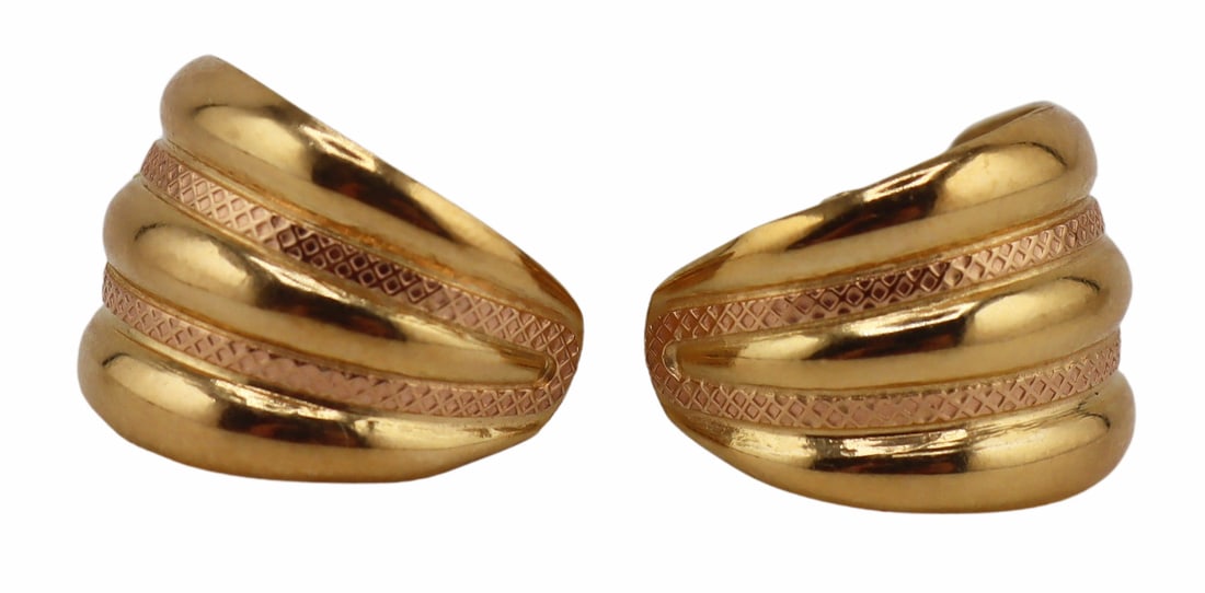 JEWELRY. Pair of 18kt Gold Tapered Earrings.: Displaying polished and cross hatch panels. Stamped, "750" within a lozenge form frame. Total approx. weight of the earrings is 3.8 dwt (gross). From a Trumbull, CT estate. Dimensions: earri