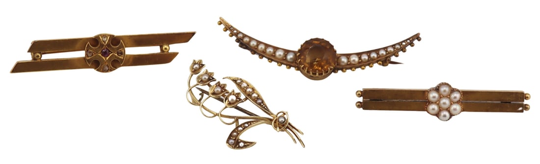 JEWELRY. Collection of (4) Victorian Brooches.: Includes a Victorian 15ct yellow gold Lily-of-the-Valley brooch accented by seed pearls and fitted with a steel pinback - stamped, "15ct" verso, total approx. weight is 1.6 dwt (gross); a