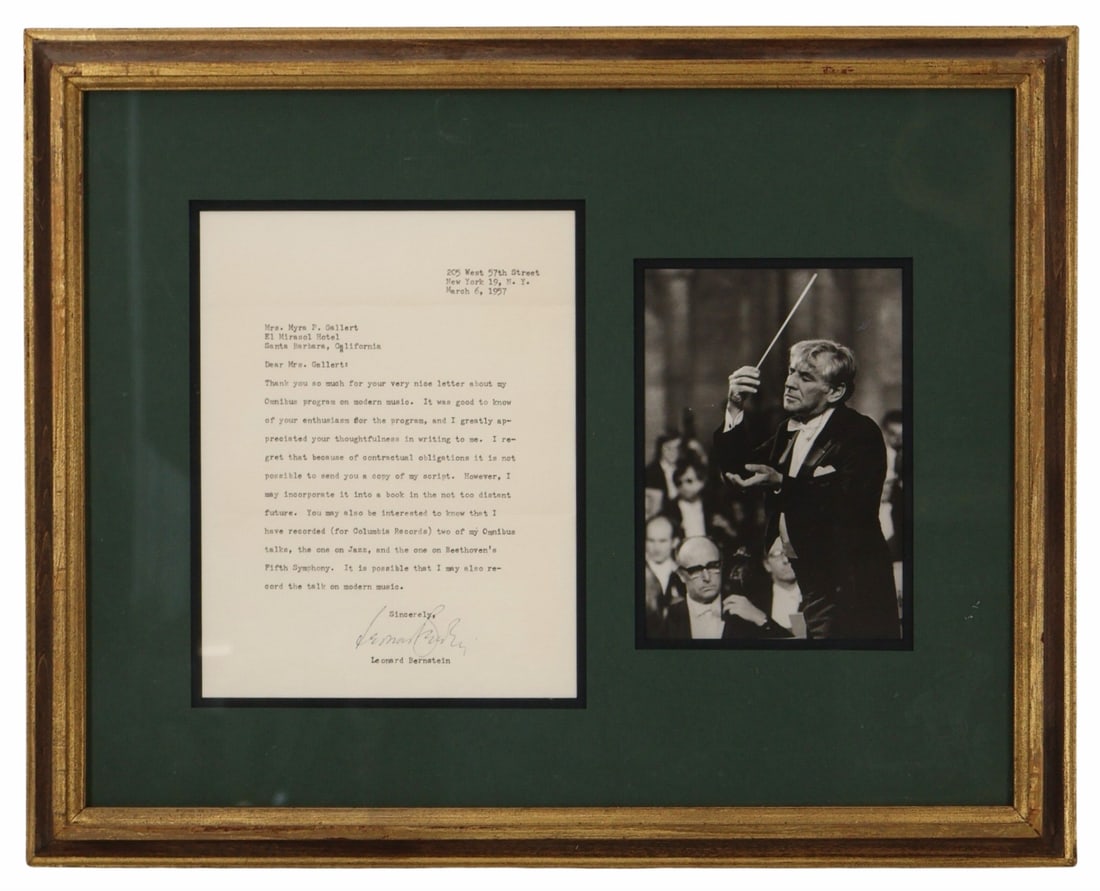 Leonard Bernstein (1918-1990) TLS Framed: Framed, typewritten letter, signed by the famed conductor / composer. Framed attractively with a photo of Bernstein conducting. Dated March 6, 1957. Letter measures 8.5" x 6.75" sight size. 