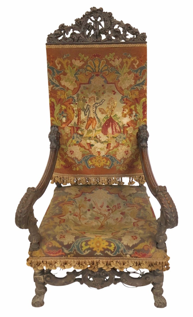 Antique Needlepoint Upholstered Throne Chair. (1 of 9)