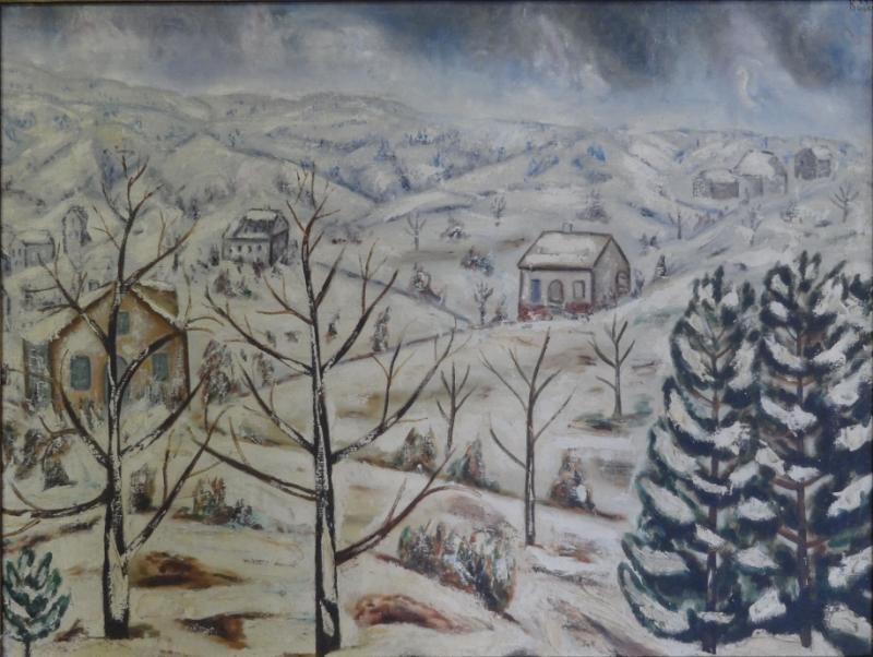 BOCCINI, Manuel. Oil on Canvas Winter Landscape: with Houses. A nicely executed painting in an antique gilt as is frame. Signed upper right. Boccini (Bossini) Manuel, American, active in Paris and New York, 1890 - 1962. From the Rye, NY estate of th