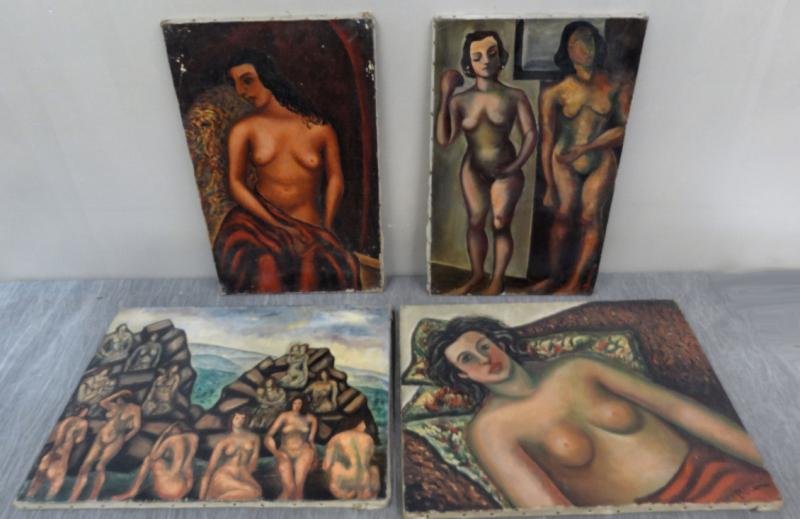 BOCCINI, Manuel. 4 Oils on Canvas of Nudes.: "Nu Rouge" - seated nude, signed lower right, signed, titled, and dated 1935 verso, scattered losses and area craquelure. "2 Nu" - signed lower right, signed, titled, and dated 1932 verso, small scatt