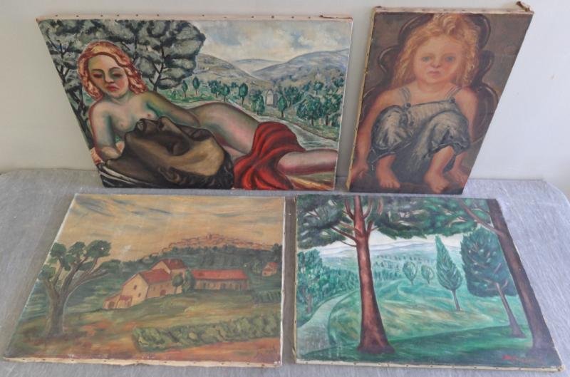 BOCCINI, Manuel. 4 Oils on Canvas.: "Tosca et Favory Paysage Caduere.." - signed lower right, titled and dated 1939 verso, 21.25" high x 28.75" wide, craquelure. Portrait of a girl - signed and dated 1939 lower left, 22" high x 14" wide