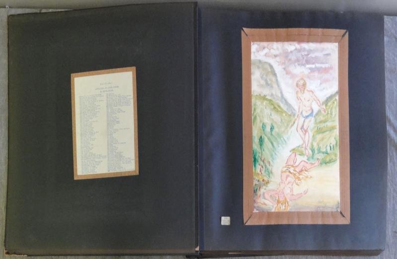 BOCCINI, Manuel. Large Sketch Book of Over 100: Works on Paper. In a U.S. Army Airforce portfolio book with index of works on inside cover - Album No. 8 #439-540. Watercolors, inks, and charcoals from the 1940's. Boccini (Bossini) Manuel, American,
