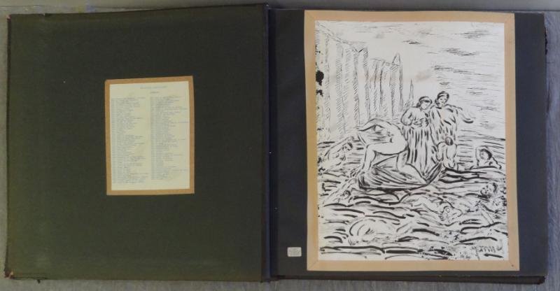 BOCCINI, Manuel. Large Sketch Book of Over 100: Works on Paper. In a U.S. Army Airforce portfolio book with index of works on inside cover - Album No. 9 #541-650. Ink and charcoals from the 1940's. Boccini (Bossini) Manuel, American, active in Pari