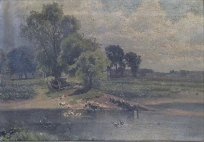 Signed (?) 19th C. Oil on Canvas Landscape.: Possibly faded signature lower right. From the Rye, NY estate of artist Manuel Boccini. Dimensions: 13" high x 22" wide. Condition: Heavy surface grime, craquelure, small puncture upper center. Frame 
