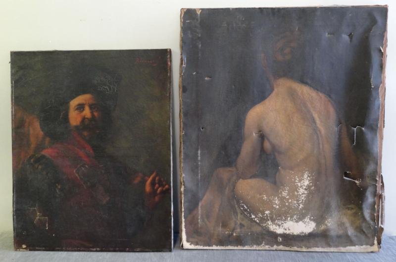 Two 19th Century Oils on Canvas.: Nice quality paintings in unfortunate condition. Portrait of a Man by Innocenti - signed upper right, 32" high x 25.5" wide, heavy craquelure, losses and tear lower right. Nude - not visibly signed, p