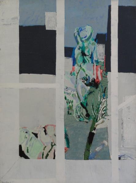 GODARD, Gabriel. 1975 Oil on Canvas "Fenetre.": Signed lower left and dated 75. Titled verso, Paris transport label verso. Gabriel Godard, French b.1933. From a Manhattan NYC collector. Dimensions: 39.50" high x 32" wide. Condition: Unframed, light
