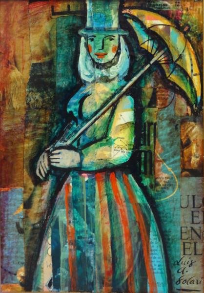 SOLARI, Louis. Mixed Media Collage of Lady with: Umbrella. Signed lower right. Luis Alberto Solari, Uruguay, 1918 - 1993. From a Manhattan collector. Dimensions: Sight - 11.5" high x 8.5" wide. Condition: Good.