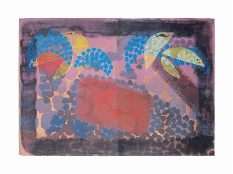 HODGKIN, Howard. Diptych Lithograph with Hand: Coloring. "For Bernard Jacobson." Two sheets printed on Arches paper. Both sheets hand signed and dated 79 and inscribed "BAT." From an edition of 80. Published by Bernard Jacobson. Illustrated in "Ho