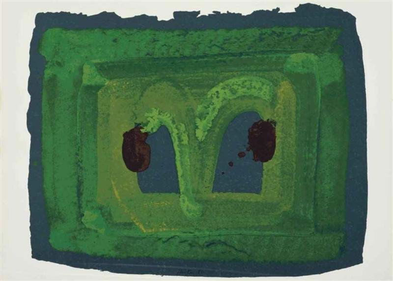 HODGKIN, Howard. Screenprint with Embossing.: "Lotus." Hand signed and dated 80 lower center. 30 in an edition of 100. Howard Eliot Hodgkin, British, b. 1932. Published by Bernard Jacobson. Illustrated in "Howard Hodgkin Prints 1977-1983" publish