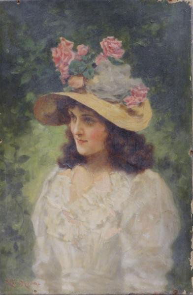MORAN, Leon. Oil on Canvas of Beauty with Flowered: Bonnet. Signed lower left. Leon Moran, American, 1864 - 1941. From a Harrison, NY estate. Dimensions: 12.25" high x 9" wide. Condition: Large losses center, other small unobtrusive losses along extrem