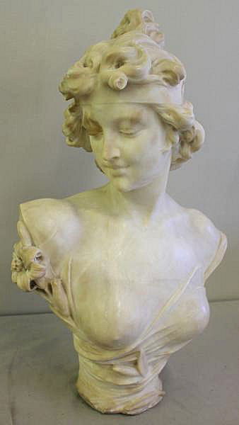 Alabaster Bust of a Woman.: Signed P. Barzanti, Firenze. Pietro Barzanti, Italian, 1842-1881. From a Mahopac, NY home. Dimensions: 15.875" h.