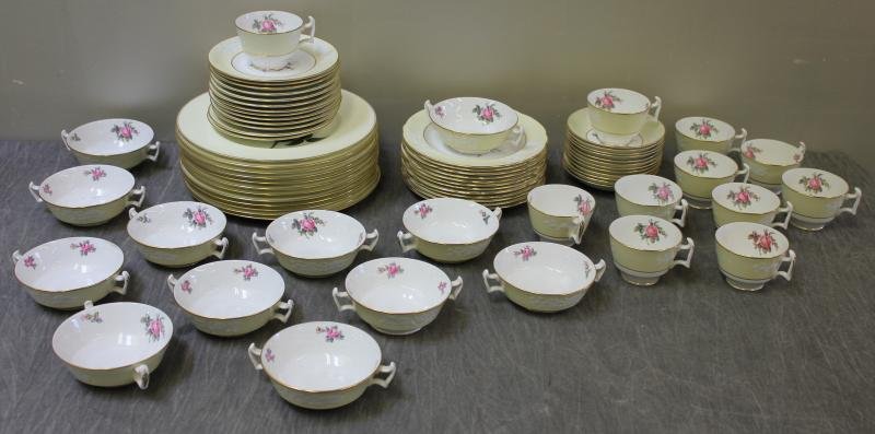Spode "Maritime Rose" Porcelain Lot.: Including twelve 11" d plates, twelve 5.5" d saucers, twelve 7" saucers, twelve 8" d plates, twelve bouillons, and 11 cups. From a Stamford, CT estate. Condition: Good.