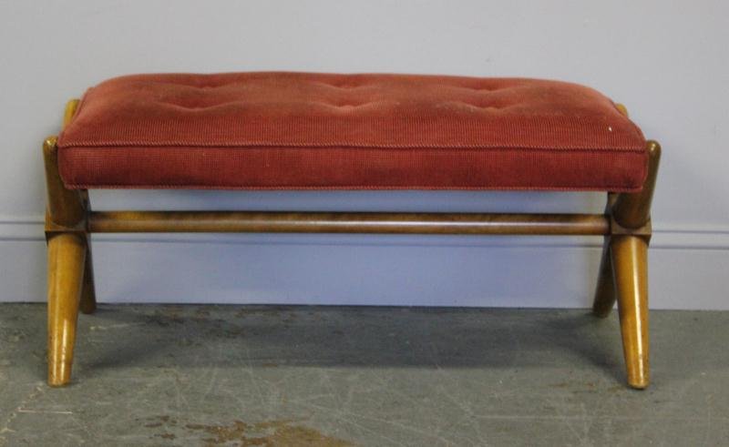 T.H. Robsjohn-Gibbings Midcentury Upholstered: Bench with X-Base. From a Rye NY estate . Dimensions: 33" w x 18" d x 15" h. Condition: Good.