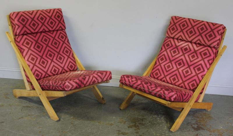 Hans Wegner for AP Stolen Prototype Lounge .: Chairs ? According to Consignor .With original brass hardware, rope seat bases. From a New Canaan, CT estate. Dimensions: 27" w x 37" d x 36" h. Condition: Upholstery faded, and two small holes to one