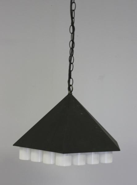 Midcentury George Nelson for Herman Miller: Prototype(?) Pyramid Form Hanging Lamp. With pyramid shade and multiple cylindrical drop shades underneath. From an Ardsley, NY home. Dimensions: 16" w x 12" h; 62" h overall. Condition: Good working 