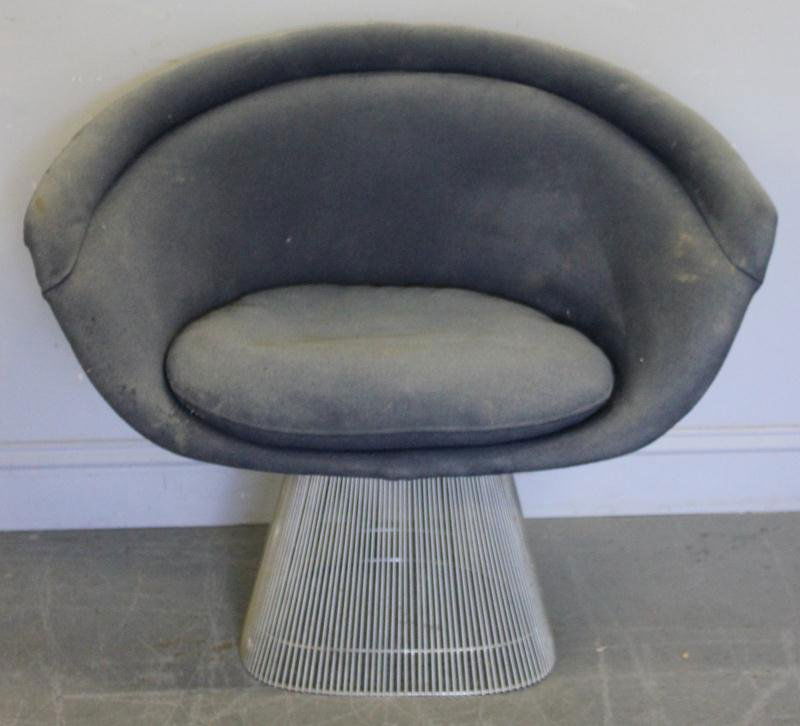 Midcentury Warren Platner Lounge Chair.: With faded blue upholstery. From a Yonkers, NY estate. Condition: Original condition, needs cleaning. Fading to upholstery. Dimensions: 36" w x 21" d x 30" h.