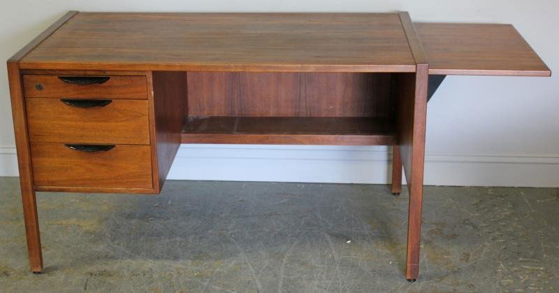 Midcentury Jens Risom Teak Drop Side Desk.: Accompanied by original catalog. From a Yonkers, NY estate. Dimensions: 49.375" w, 64" open x 28" deep x 28.25" h.