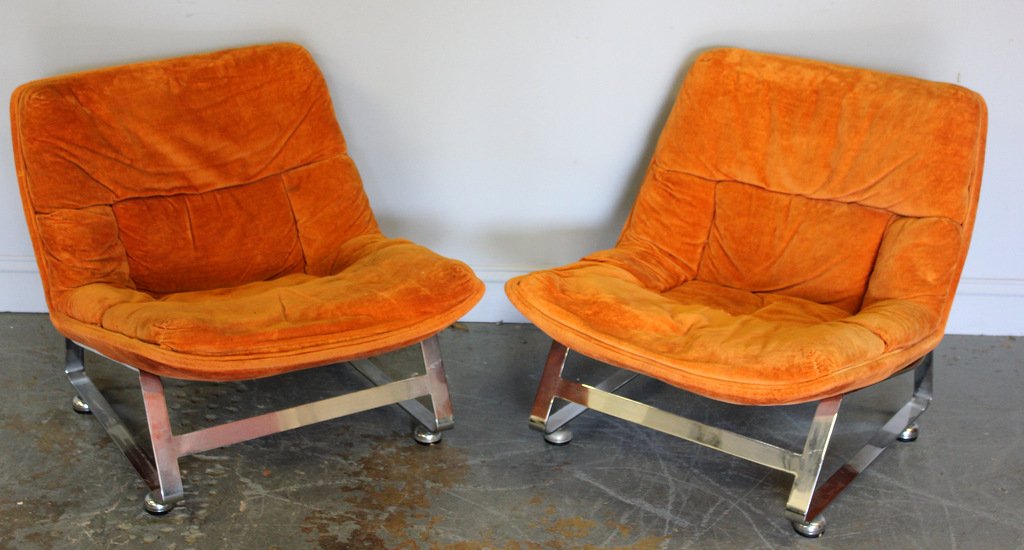 Pair of Midcentury Chrome & Upholstered Chairs.: Possibly Milo Baughman. From an Englewood, NJ estate. Dimensions: 26.5" w x 30" d x 27" h.