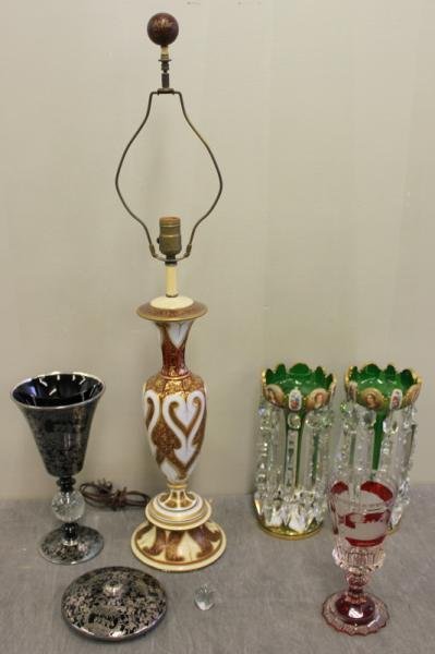 Antique Bohemian Lot.: Includes a pair of emerald lustres with well detailed oval paintings; an opaline over gilded cranberry vase mounted as a lamp; a beautifully engraved ruby chalice with scenes of museum, Brandernburger